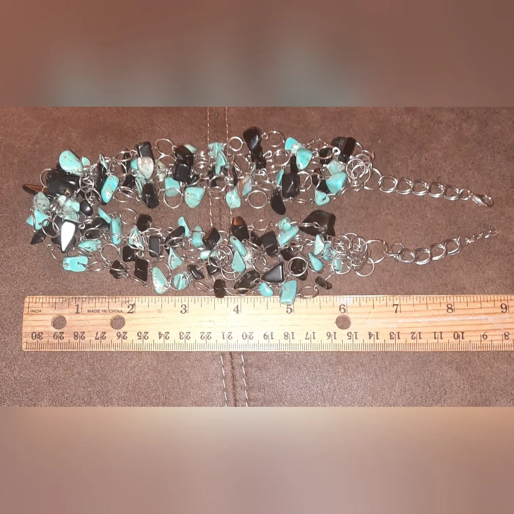 Turquoise and black genuine nugget multistrand necklace silvertone